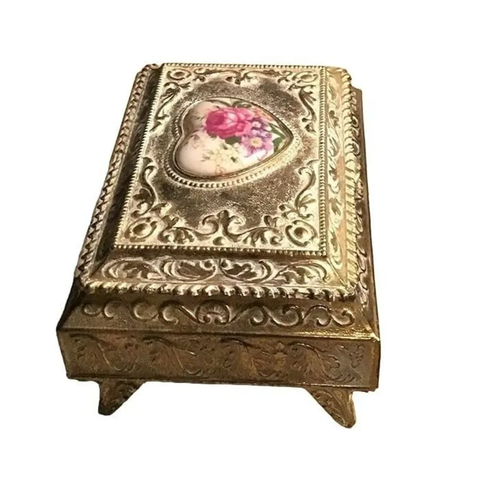 Vintage Japan Silver Plated Footed Jewelry Box Heart Floral Porcelain Inlay